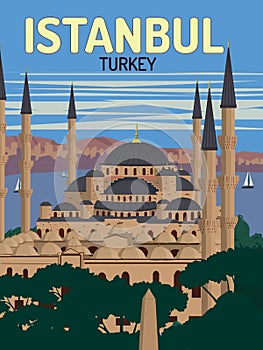 Sunny day Sultan Ahmad mosque ( blue mosque ) illustration best for travel poster with vintage retro style