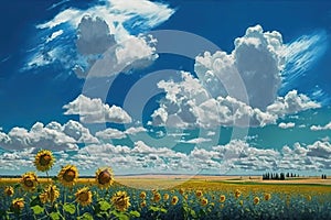 sunny day in the sunflower field, with clear blue skies and fluffy clouds