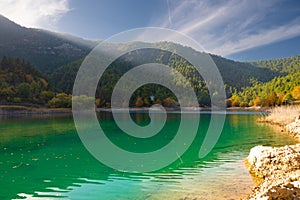 A sunny day in Tsivlou lake in Achaia, Peloponnese, Greece. Autumn landscape.