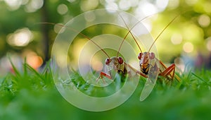 On a sunny day, two crickets stand facing one another amidst lush green grass, generative ai photo