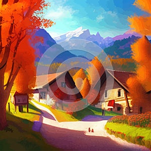 Sunny day in village house with road and orange autumn trees. Cartoon picture