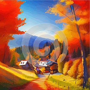 Sunny day in village house with road and orange autumn trees. Cartoon picture