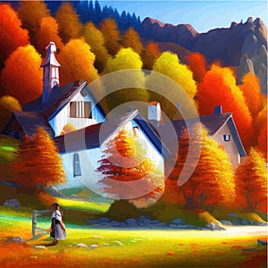 Sunny day in village house with road and orange autumn trees. Cartoon picture