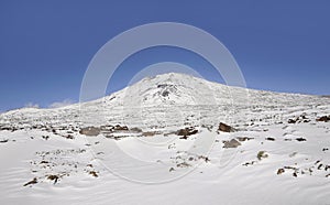 Sunny day with vistas towards Pico Viejo covered in snow in Teide National Park, Tenerife, Canary Islands, Spain