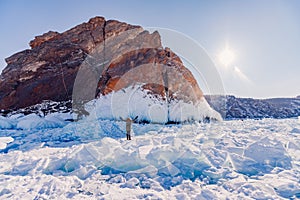 Sunny day winter landscape ice of Lake Baikal Siberian