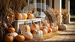 Sunny decorated country store porch with fall pumpkins, autumn gourds and seating - generative AI