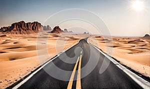 Sunny desert landscape with an asphalt road