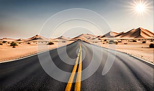 Sunny desert landscape with an asphalt road