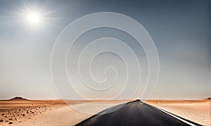 Sunny desert landscape with an asphalt road