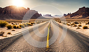 Sunny desert landscape with an asphalt road