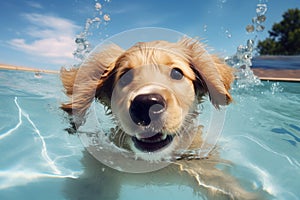 Sunny Dog swimming pool vacation. Generate Ai