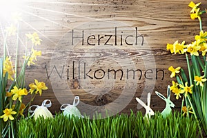 Sunny Easter Decoration, Gras, Herzlich Willkommen Means Welcome