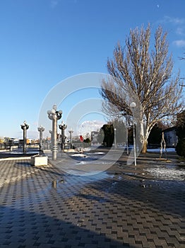 Sunny embankment in winter, in January.