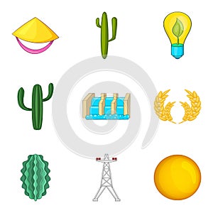 Sunny enegry icons set, cartoon style photo