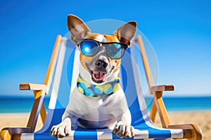 Sunny escapades: dog in hilarious sunglasses lounges on a deck chair, basking in the summer vacation