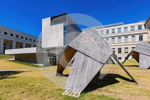 Sunny exterior view of the campus of University of Arkansas