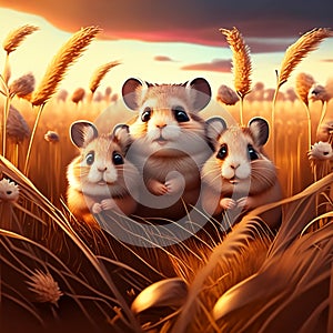 In a sunny field, a group of adorable hamsters