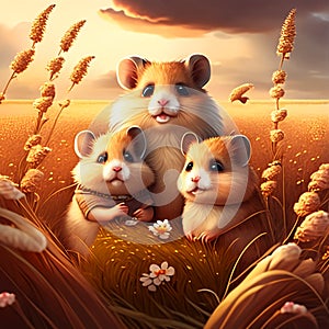 In a sunny field, a group of adorable hamsters