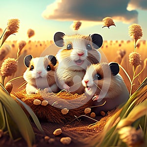 In a sunny field, a group of adorable hamsters