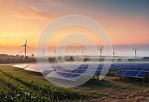 sunny field with solar panels, Wind turbines for generating electricity are visible on the horizon, concept of environmentally