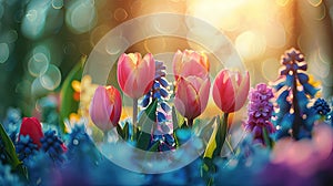 Sunny Field Spring Bloom: Defocused Abstract Background of Tulips and Hyacinth Flowers