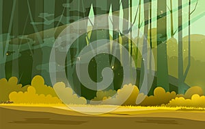 Sunny forest background. Vector illustration of woods in forest in sunlight background.