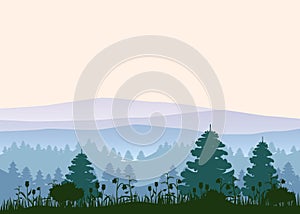 Sunny forest background. Vector illustration of woods in forest in sunlight background. Isolated