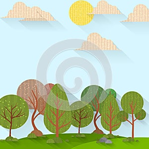 Sunny forest background. Vector illustration of woods in forest in sunlight background.