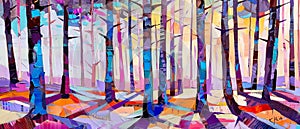 Sunny forest pine wood trees with fireweed. Original oil painting on canvas. Purple summer flowers on a field