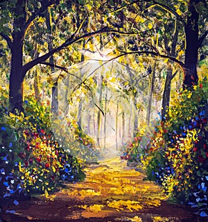 Sunny forest wood trees Original oil painting.