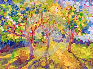 Sunny forest wood trees Original oil painting