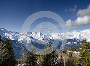 Sunny french alps mountain snow view in les arcs france