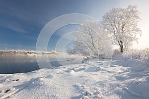 Sunny Frosty Winter Morning. A Realistic Winter Belarusian Landscape With Blue Sky, Trees Covered With Thick Frost, A Small River