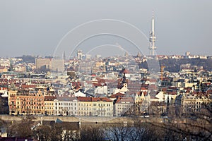 Sunny frosty winter Prague City with its Cathedrals, historical Buildings and Towers, Czech Republic