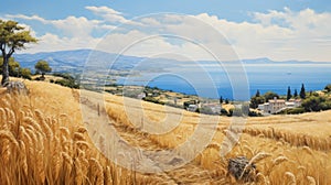 Sunny Greek Island Realistic Oil Painting Of Wheat Fields And Ocean