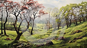 Sunny Hillside Oil Painting With Trees - Clyde Caldwell Style