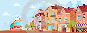 Sunny historical city street. Old city banner with tram. Cartoon vector illustration.