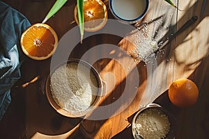 Sunny kitchen table with oranges, grains, and milk.