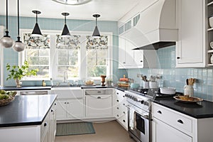 a sunny kitchen, with white cabinets, light blue accents and black countertops