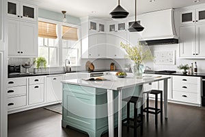 a sunny kitchen, with white cabinets, light blue accents and black countertops