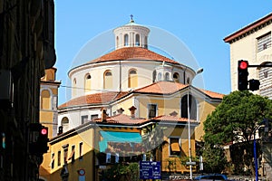 Sunny landmark Baroque round church in summer in Rijeka Croatia
