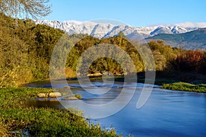 Sunny landscape with rays of sun, river with water and grass in winter sunrise