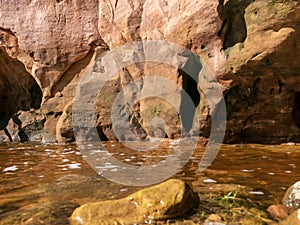 Sunny landscape with sandstone cliff on river bank, fast flowing river water