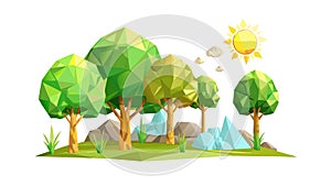 Sunny low poly forest with bright green trees, vector design Generative AI