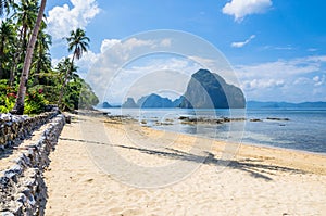 Sunny Marimegmeg Beach in Low Tide in El Nido, Palawan, Philippines