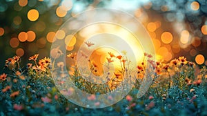 Sunny meadow with flowers and bokeh. Nature background