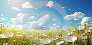 Sunny Meadow of White Daisies Under a Majestic Cloud-Filled Sky. Generative AI