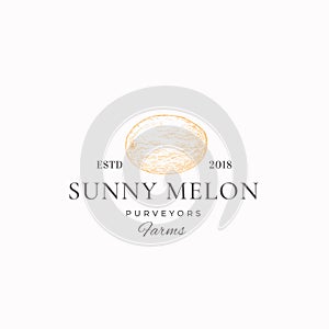 Sunny Melon Farms Abstract Vector Sign, Symbol or Logo Template. Hand Drawn Melon Sketch with Retro Typography. Vintage