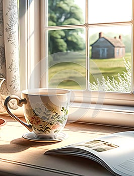 Sunny morning in the English countryside, cup of tea by the window in the country cottage. Generative Ai