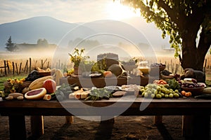 sunny morning in the farm ranch. green, vegetables, drinks, foods, wine, milk, bread, meat, cheese, nuts.